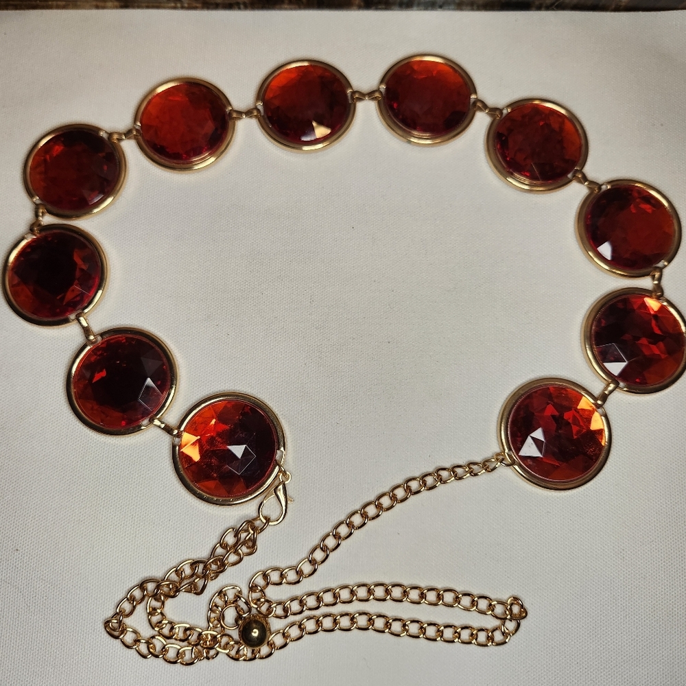 Vtg Red Gems Belt Adjustable Jeweled Chain Anime Cosplay Waist Belt Retro Groovy